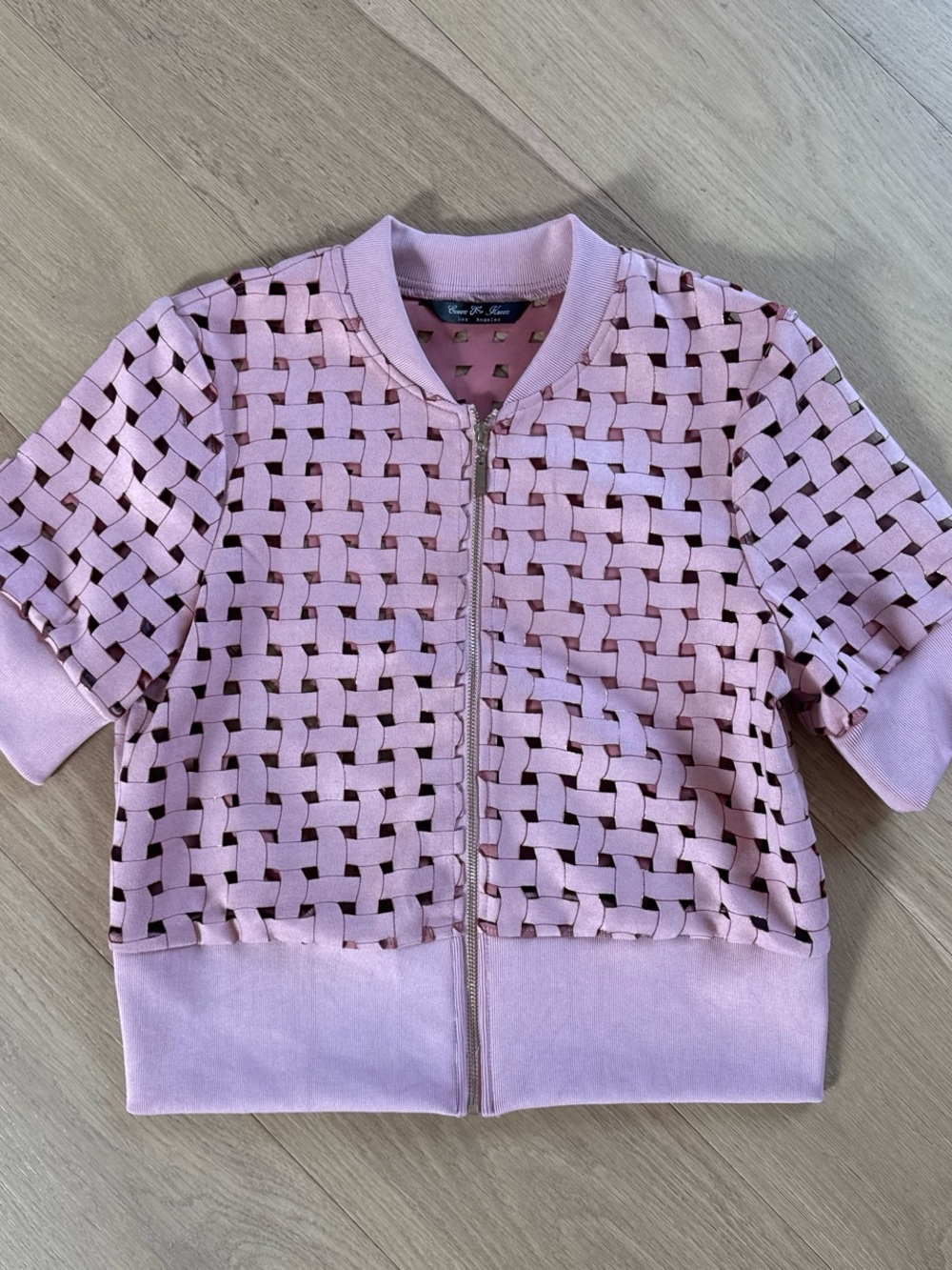 Pink woven see through jacket zipper down with gold accents size small